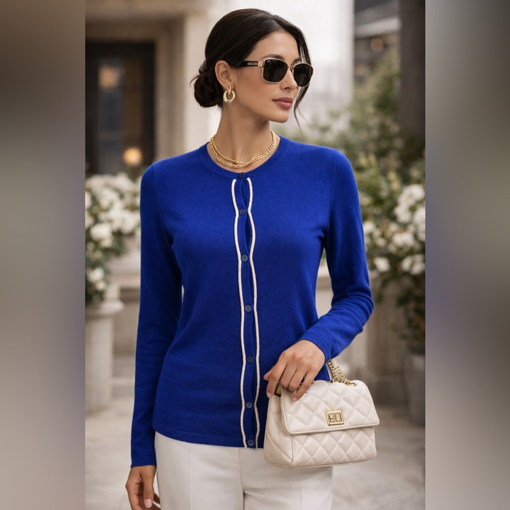 Escada Vintage Royal Blue Virgin Wool Cardigan Size S | Luxury Knit